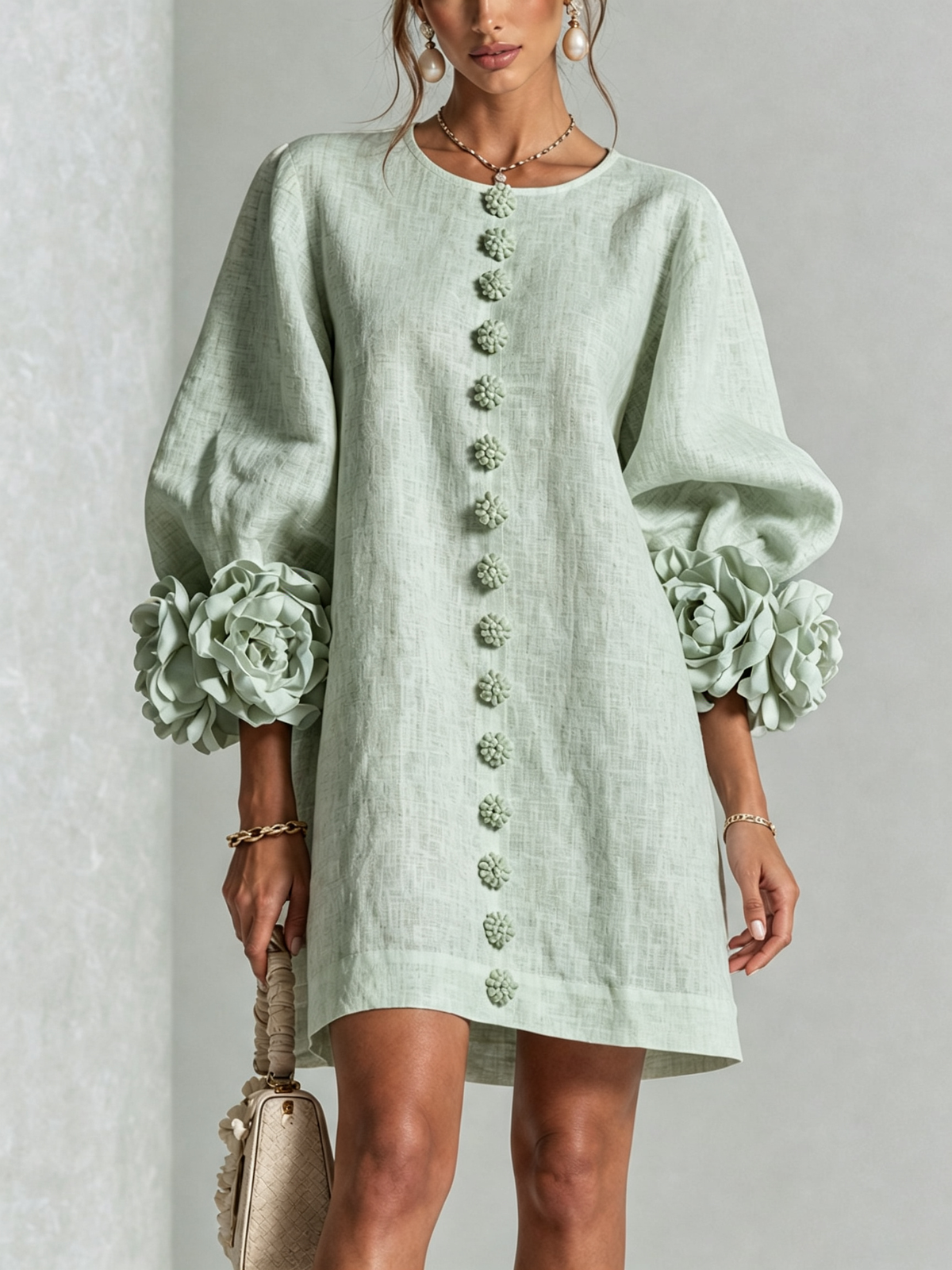 Joséphine™ | Robe Mini Boutonnée Florale Blanche à Manches Fleuries